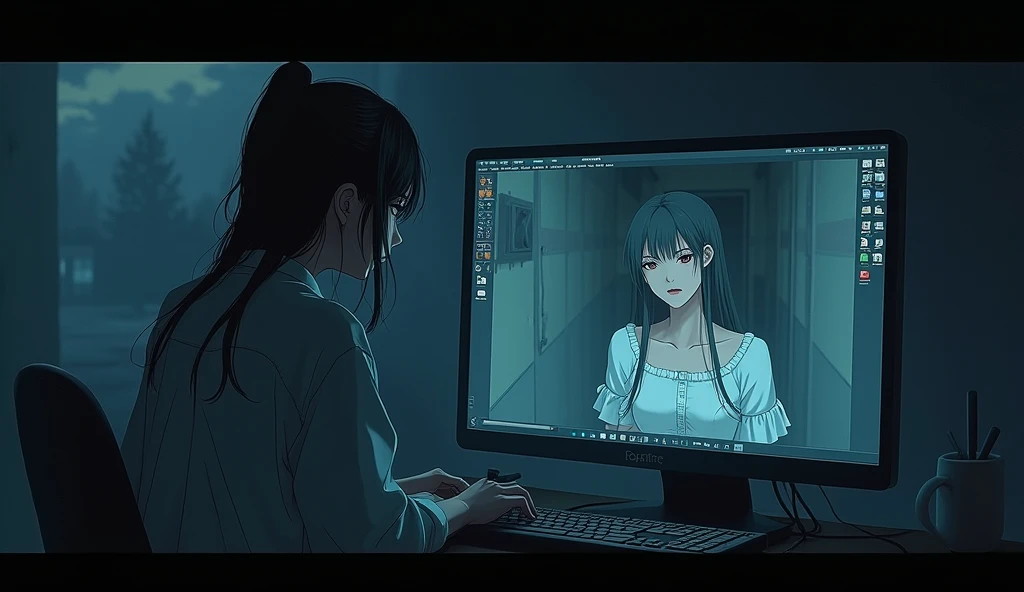 (best quality, masterpiece, ultra detailed), (anime:1.5)、woman is the main character、mysterious、Suspenseful Tone、Dark tones and shadows、A little creepy atmosphere、Surrealism、Dark fantasy、A woman on the monitor is pleading with us.
