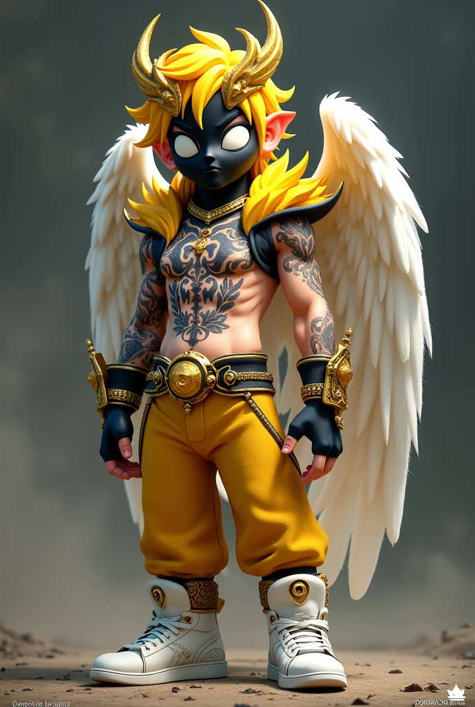 Free Fire style character, yellow hair, a crown, white eyes, black mask, chest with a tattoo and gold, angelic yellow pants, white shoes