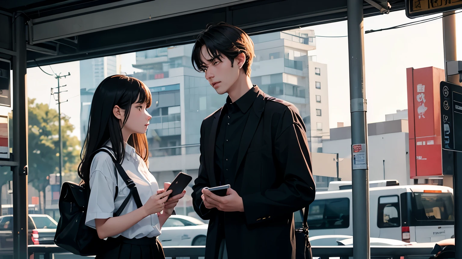 a mystery man who wear black shirt handing a wallet to a young teenage girl who wear a white blouse and pleated skirt in front of the bus stop in campus, the tone is in the evening after the rain