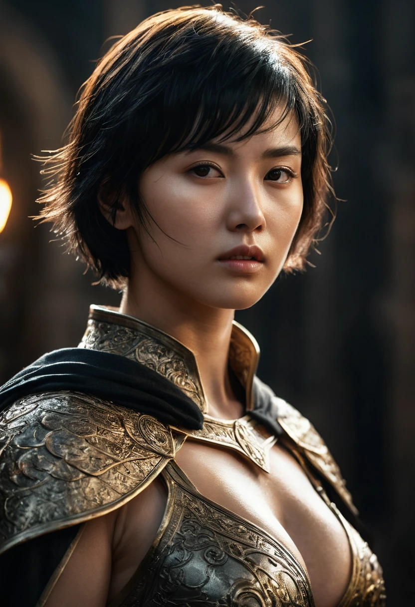 genius extremely beautiful young girl Keiko, short hair, black hair, subtle makeup, golden hour, photorealistic, high contrast, 8k HD, detailed, hyper-detailed, realistic skin texture, big breast, best quality, ultra high res, raw photo, dramatic lighting, unreal engine, diffuse glow intricate silver eaba, white imperial cape, spear, sword, no helm, intricate details High Quality, 8k, Realistic, Ultra-Detailed, Dramatic Lighting, Soft Focus, Digital Illustration, Intense Expression, Strong Gaze, Intense Emotion, Complex Mechanics, Advanced Technology, Dark Background, Cinematic, High Contrast, Moody, Strict, Atmosphere, (Best Quality, 4k, 8k, High Definition, Masterpiece: 1. 2 ), ultra-detailed, (realistic, graphic, photorealistic:1.37) --no glass