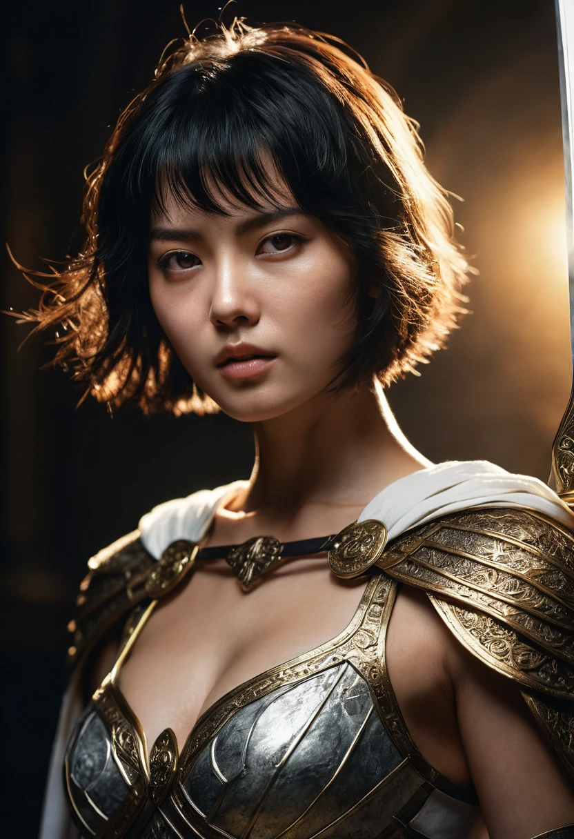 genius extremely beautiful young girl Keiko, short hair, black hair, subtle makeup, golden hour, photorealistic, high contrast, 8k HD, detailed, hyper-detailed, realistic skin texture, big breast, best quality, ultra high res, raw photo, dramatic lighting, unreal engine, diffuse glow intricate silver eaba, white imperial cape, spear, sword, no helm, intricate details High Quality, 8k, Realistic, Ultra-Detailed, Dramatic Lighting, Soft Focus, Digital Illustration, Intense Expression, Strong Gaze, Intense Emotion, Complex Mechanics, Advanced Technology, Dark Background, Cinematic, High Contrast, Moody, Strict, Atmosphere, (Best Quality, 4k, 8k, High Definition, Masterpiece: 1. 2 ), ultra-detailed, (realistic, graphic, photorealistic:1.37) --no glass
