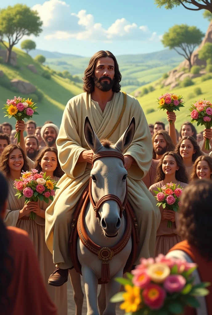 Jesus riding a donkey with people around with happy flower bouquets