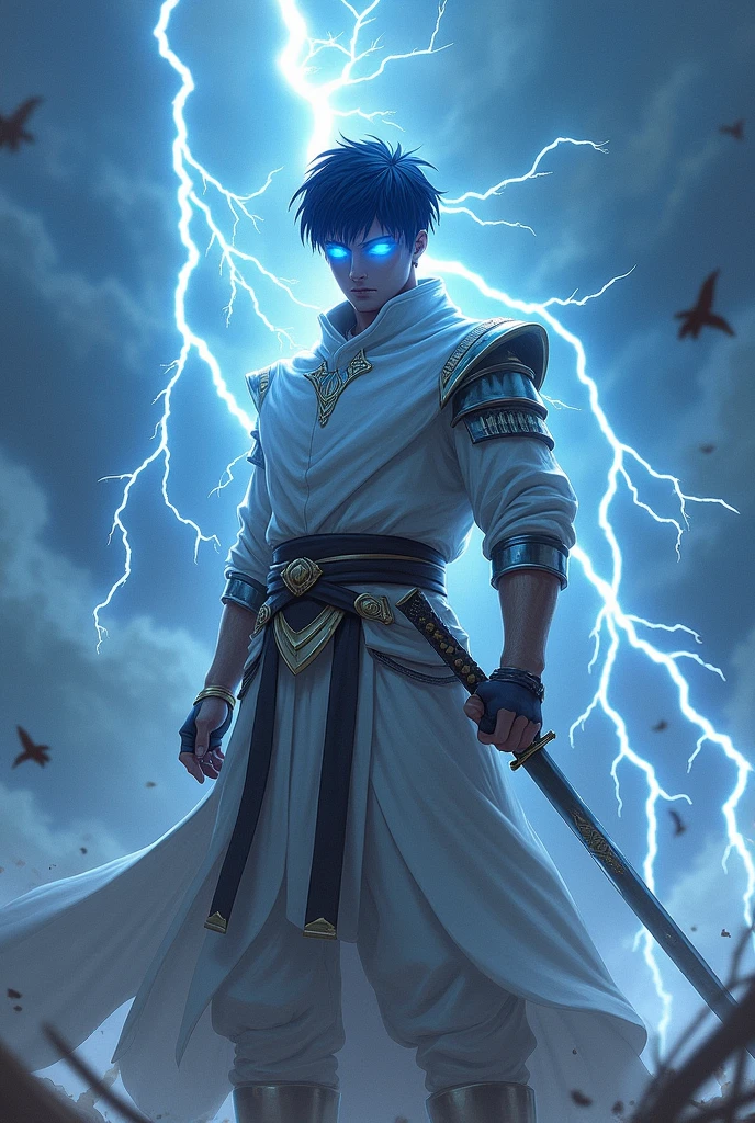 Swordman with one katana sword, and with white steel armor like knight around his hands and chest and has a blend of styles like a samurai and an Egyptian warrior and have lightning power, with blue lightning aura eyes, and short black blue hair, and with a stand like samurai, gender a man, and standing in the middle of a thunderstorm