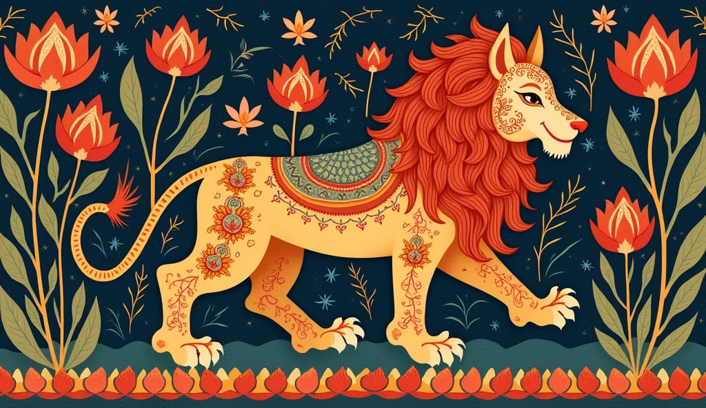 Depict a Yali, the mythical creature from Indian mythology, in the aesthetics of a traditional Indian painting. Emphasize intricate details, vibrant colors, and ornate patterns that capture the essence and cultural significance of Indian art