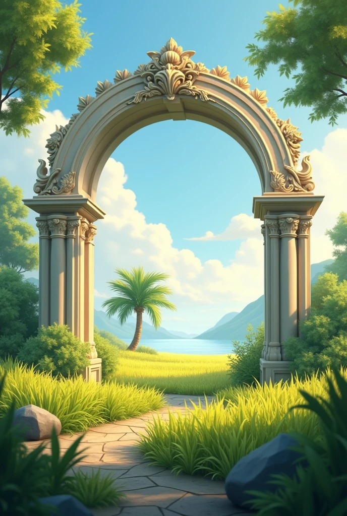 Arch, rice grass with palm tree concept