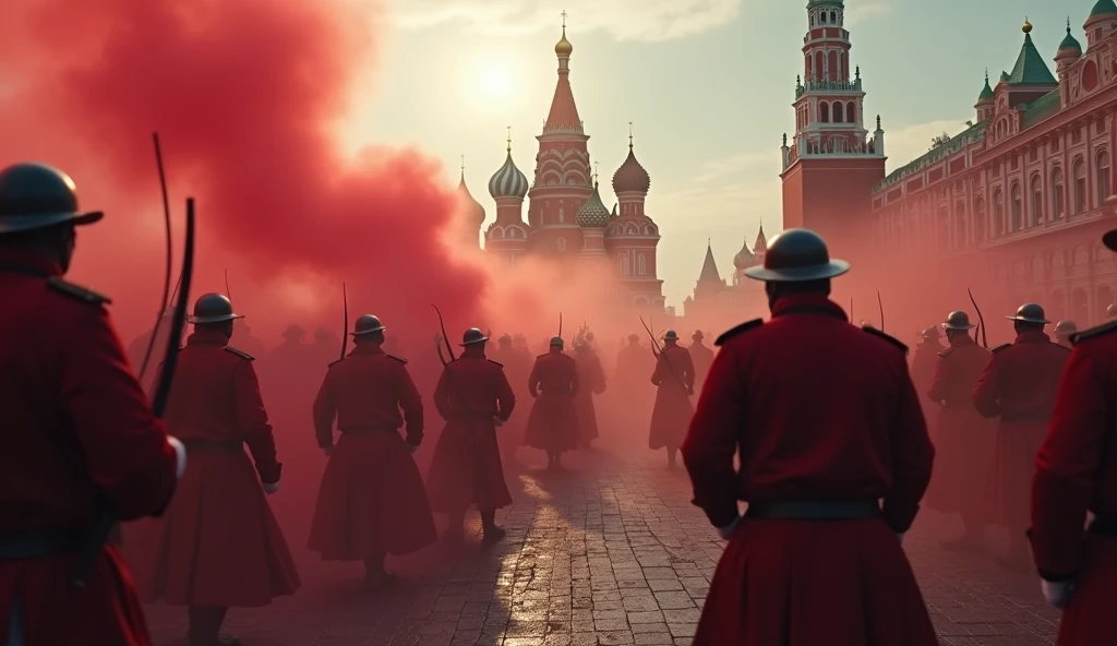 battle, siege, redcoats, in the Moscow Red Square, [The characters (FULL BODY) are surrounded by mist, evoking a mysterious and eerie atmosphere. The lighting is dark and atmospheric, with a red smoke adding a touch of sinister ambiance. The image is of the best quality, with a resolution of 4k and HDR enhancement, showcasing the utmost level of detail and realism, sfw, full body shot:1.5]. [8K, Best Quality, Masterpiece, Ultra High Resolution, (highly detailed CG unity 8k wallpaper), (best photo), (best shadows), isometric 3D, octane rendering, ray tracing, highly detailed, (Best quality, 4K, 8k, A high resolution, masterpiece:1.2), absurdity, ultra detailed, (realistic, photorealistic, photorealistic:1.37), complex parts, HDR, (complex parts:1.12), (hyper detailed, hyper realistic, Soft lighting, spicy:1.2), (complex parts, Hyper detailed:1.15). Blurred foreground. (backlit), realistic, masterpiece, high quality, brightness, chromatic aberration, 8k uhd, some smoke, shadows, contrast, clear sky, (warm hue, warm tone), high details, natural reflections]. 