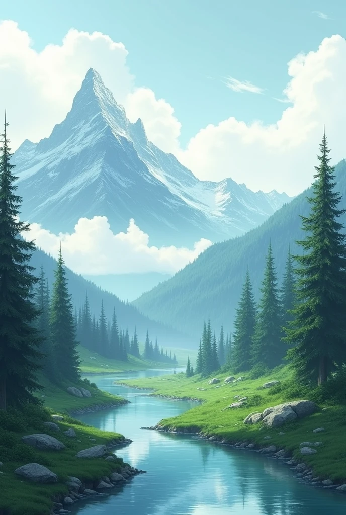 Landscape with mountains, stream, pine trees and clouds