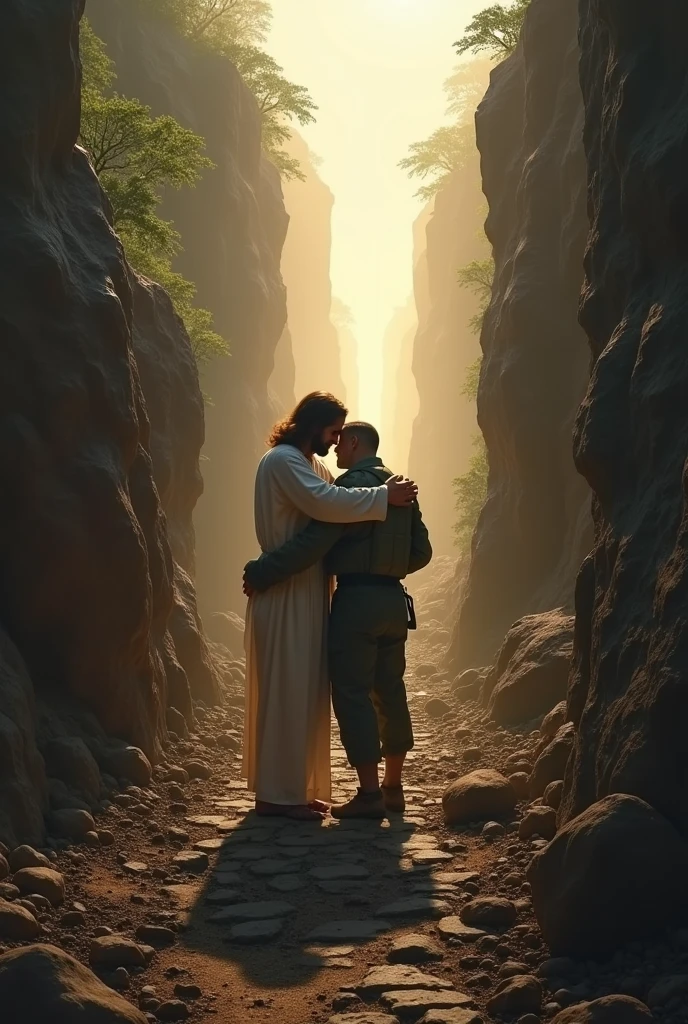 You could create Jesus Christ from behind hugging a Colombian soldier on a narrow path with many obstacles and with a bright Liz at the end