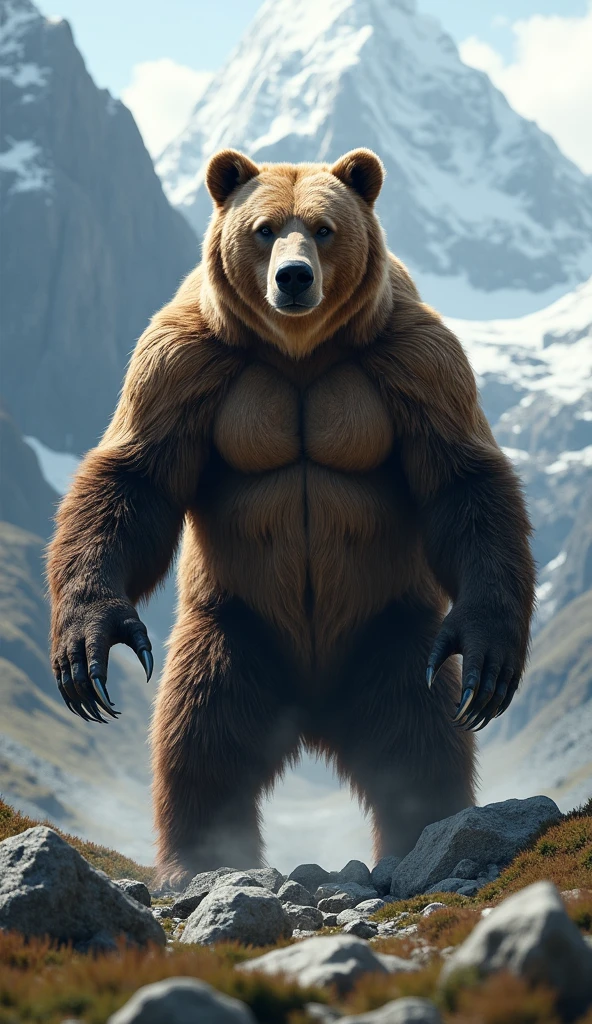 A powerful grizzly bear, with dense fur and sharp claws, modern era, standing tall at over 2 meters, in a rugged mountainous terrain, with imposing mountains in the background, close-up shot, hyper-realistic, photo realism, cinematography --ar 9:16.