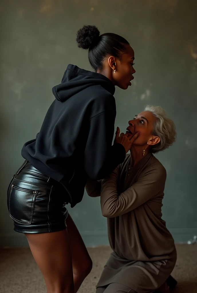 black woman hair in a bun black hoodie shiny black leather short shorts pockets in shock as a old grandma in a dress on her knees kissing her ass behind her hand is in her ass holding her ass