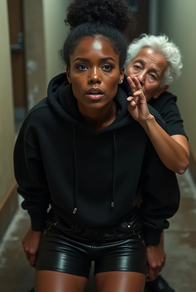 black woman hair in a bun black hoodie shiny black leather short shorts pockets in shock as a old grandma in a dress on her knees kissing her ass behind her hand is in her ass holding her ass