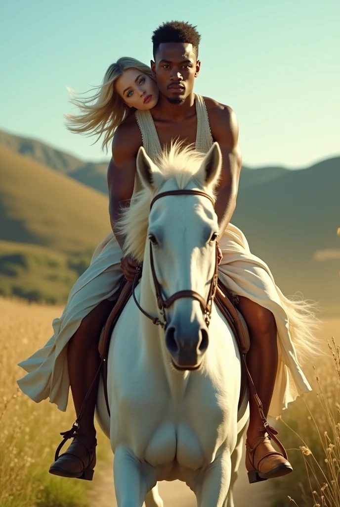 young black man, Black hair and blue eyed white woman riding a runaway white horse