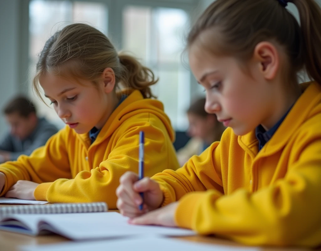 Developing cultural and intellectual skills, education according to the curricula prescribed for students , receiving information in the classroom, a close-up picture of a 2 swedish students wearing a yellow uniforms sitting on a school desk, performing school assignments