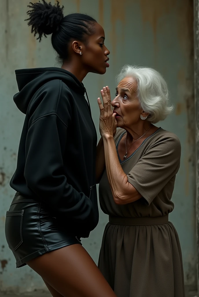 black woman hair in a bun black hoodie shiny black leather short shorts pockets in shock as a old grandma in a dress on her knees kissing her ass behind her hand is in her ass holding her ass