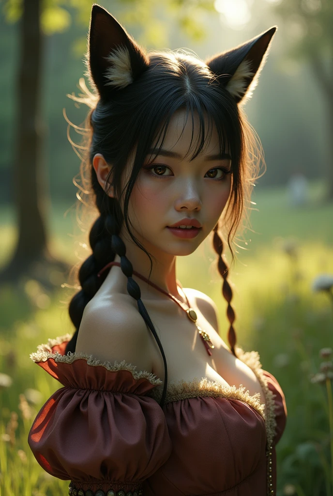 (8k, RAW photo, best quality, masterpiece), (photorealistic), outstanding details, ultra-high resolution, anatomically correct, textured skin, (Extremely precise and accurate anatomy),
Ultra Detailed Face, Detailed Eyes, 

One girl, (whole body:1.4), (full body:1.4), Cute Japanese girl , 20-year-old, ( Wolf Ears) , (wolf tail:1.4), 
(levil grin),  (Mouth slightly open), (cuspid) , 
Side braids, 
curvy, middle breasts, 

(medieval European summer clothes:1.3), 
in the forest, grassland, wilderness, Forest, 

Background blur, far and near method, 
morning sun, (backlighting), 
reflection light from below, 
atmospheric perspective, depth of field, 
(dramatic lighting), cinematic lighting, 
Artistic, Baroque, Cinematography, Portrait Photography,