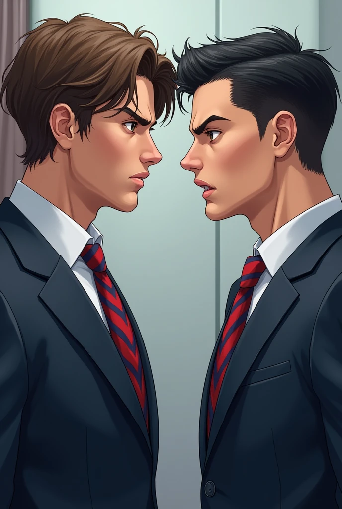 image of 2 gentlemen in their school uniform white long sleeves with red and blue striped neck tie and dark blue blazer. one on the right has short gelled up black hair, brown eye, chiseled jaw and diamond shaped face well build, a height of 6'1 feet and has olive skin tone, he's italian-german. the other one on the right has long length to neck wavy brown hair, hazel eye, soft chiseled heart shape face, a height of 5'10 feet, he's italian and has light olive skin. both of them on side view looking at each other angrily