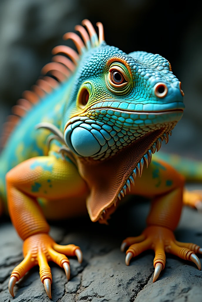 Macro photo of an iguana with beautiful, colorful skin with a rocky background