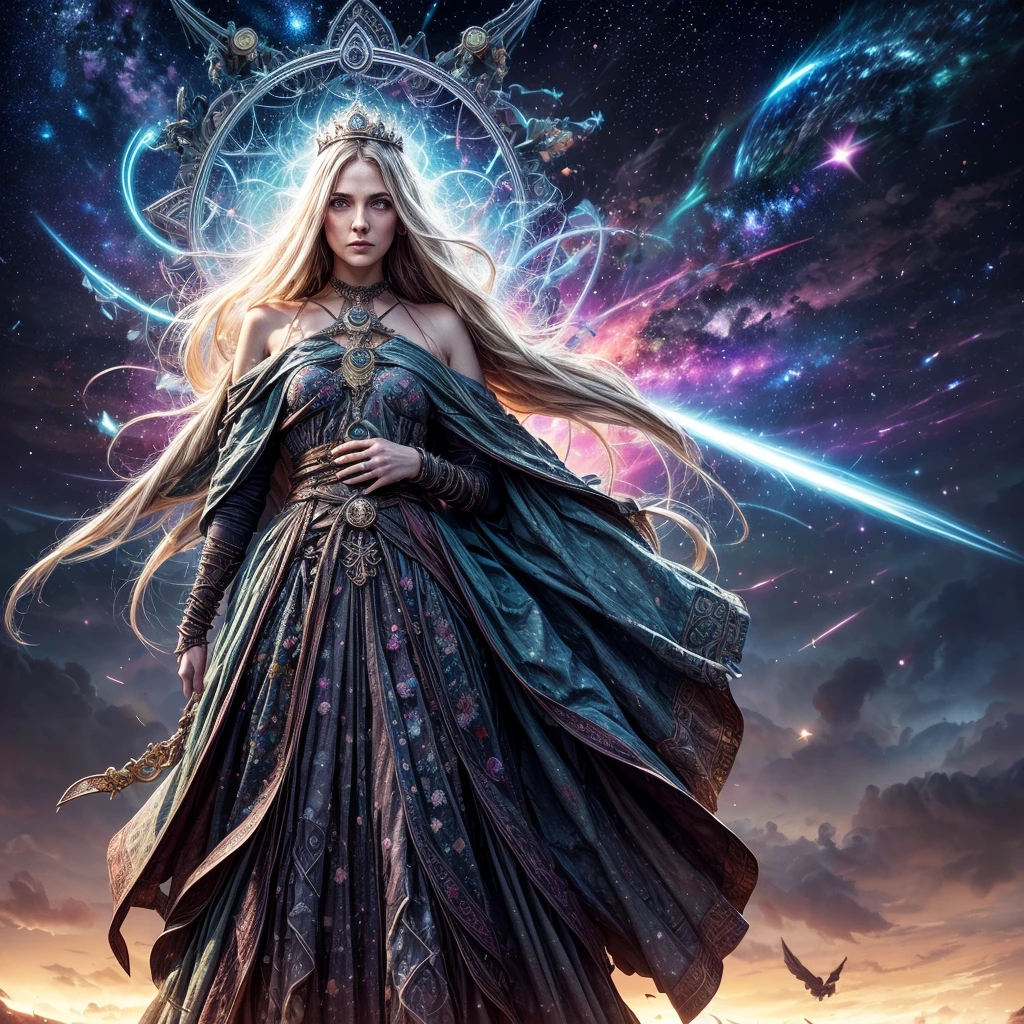 Low angle photograph of a female sorcerer in an ethereal and magical astral plane of existence, her long hair blowing in the windswept environment, she exhibits a magical aura. Her expression is one of despair and worry. Her clothing evoke a feel of wealth, however with simple handmade jewelry. (crown of thorns), Disturbing, unnerving, creepy, unsettling, color splashes, line art, Fibonacci, mandala, florals, (nebula and distant stars in background sky). Sublime rendering, extreme detailing, dynamic background, 32k maximalist, fantasy art, sharp lines, masterpiece