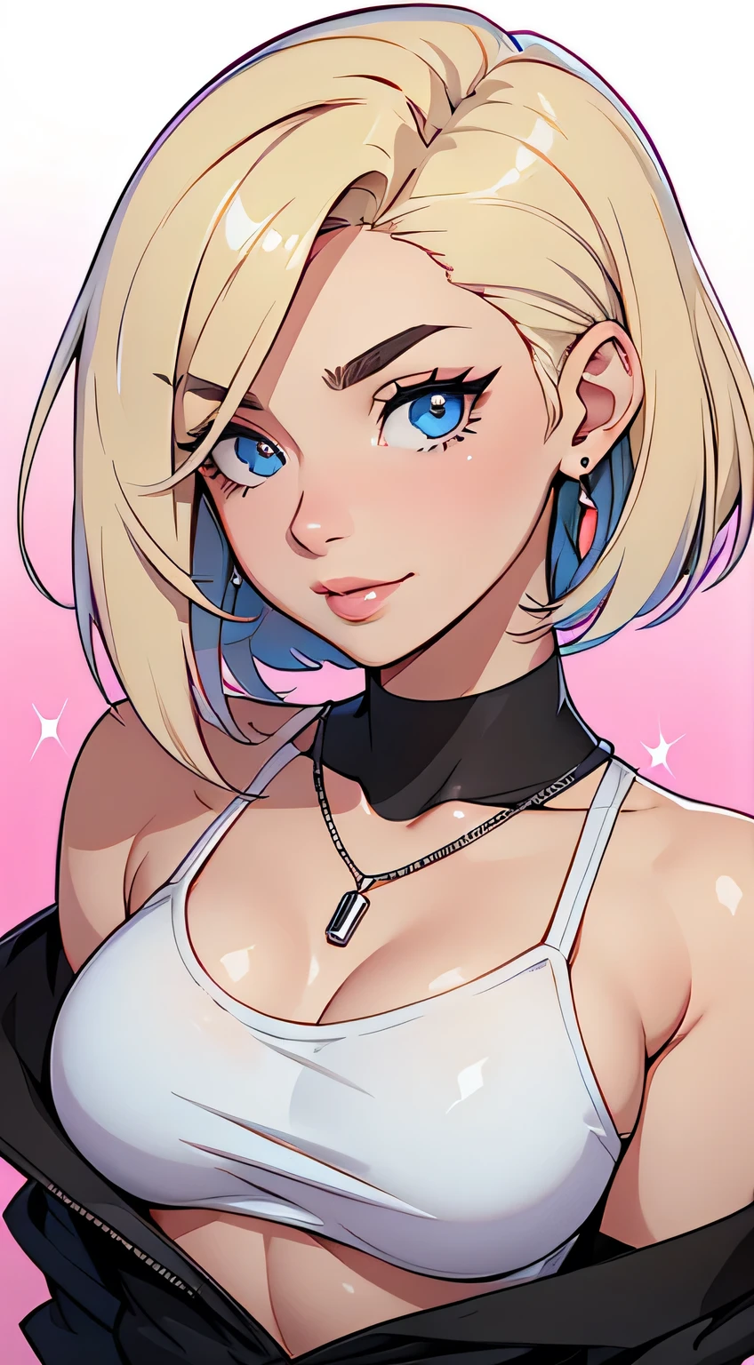 Amazing portrait of the upper body of a young woman who is 20 years old with a beautiful and highly detailed face and skin texture with fine blue eyes with double eyelid and thick styled and perfect eyebrows and black smokey eyeliner with natural cheeks and shiny skin wearing colourful comfy clothes showing off her bare shoulders and her small breasts with clevage paired with a sparkly necklace and earrings with glossy lips parted in an enchanting smile with a short asymmetrical bob styled with a bit of volume and a side part being a light blonde or platinum with few strands dyed pink having a slightly tousled or messy appearance with focus on her chest and face with this upper body shot and her bare shoulders with small breasts