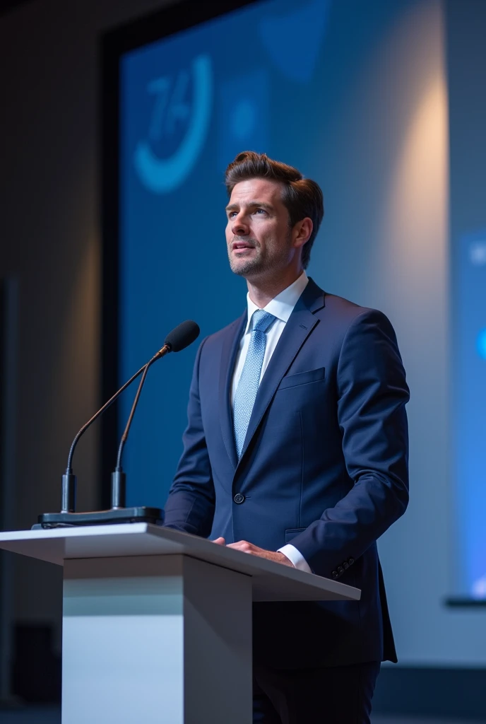 A 2 man with neatly styled brown hair, wearing a tailored navy blue suit and a light blue tie, confidently delivering a speech at a corporate conference, standing behind a podium with a modern backdrop.