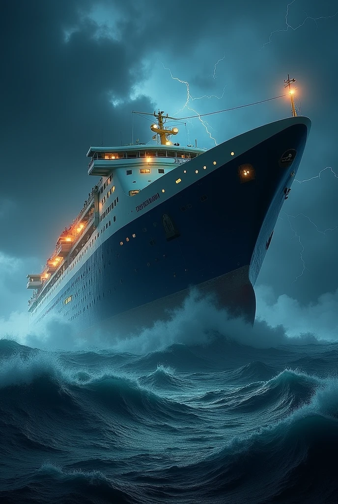 A cruise ferry called MS Great Filipino sinking in a storm at night