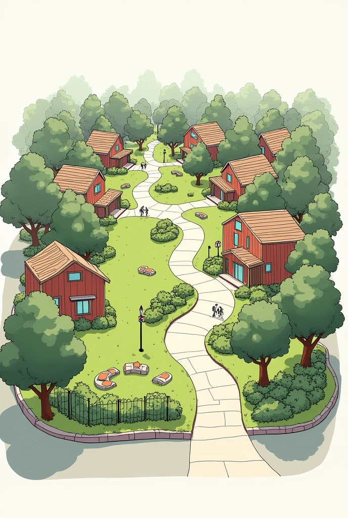 A sketch of a healthy community with houses and park but less people 