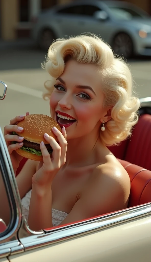 Marilyn Monroe in a car eating a hamburger smiling