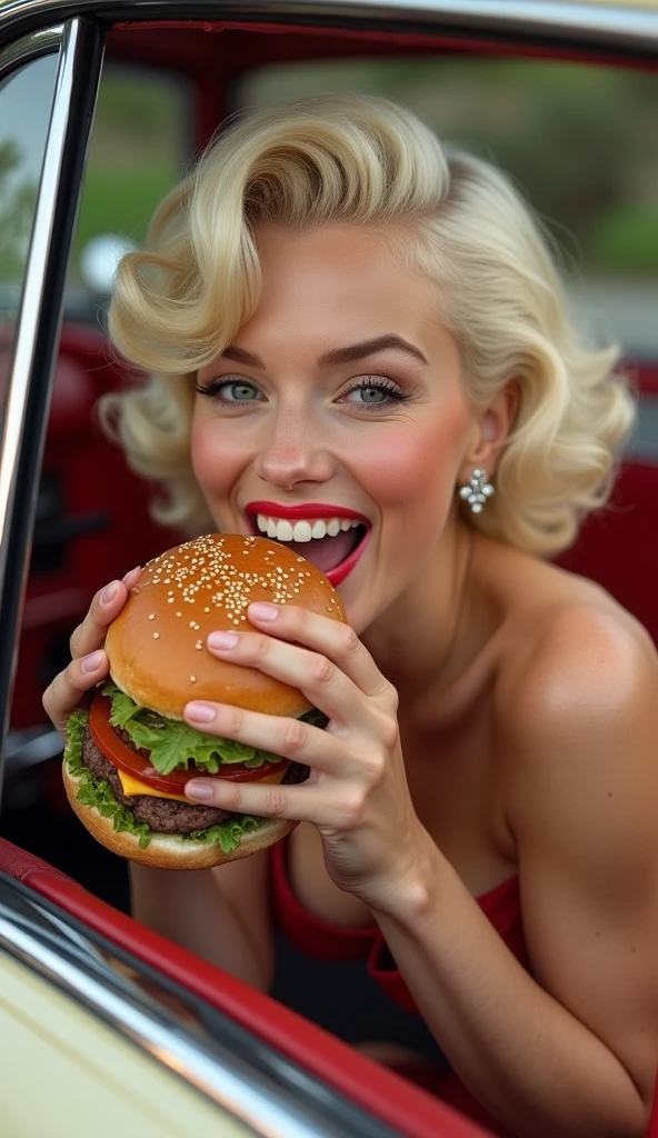 Marilyn Monroe in a car eating a hamburger smiling