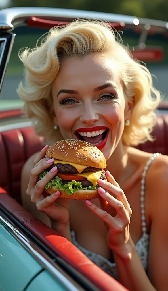 Marilyn Monroe in a car eating a hamburger smiling