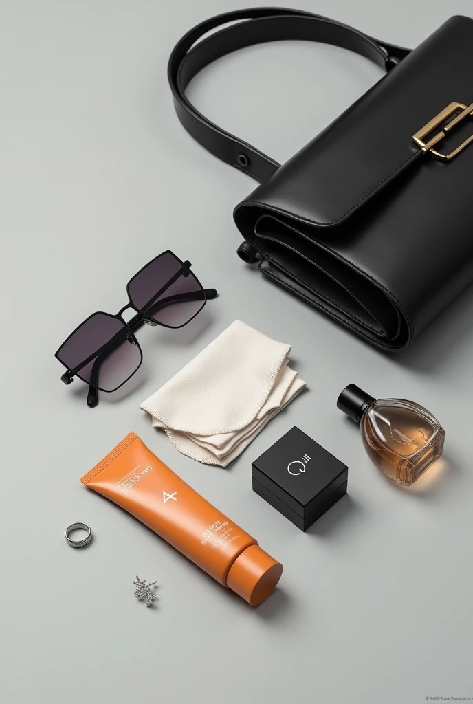 Instagram's what's in my bag style、Ultra HD、Background gray competition、handkerchief、Sunscreen、Square sunglasses、perfume、Silver Ring、Korean style black shoulder bag