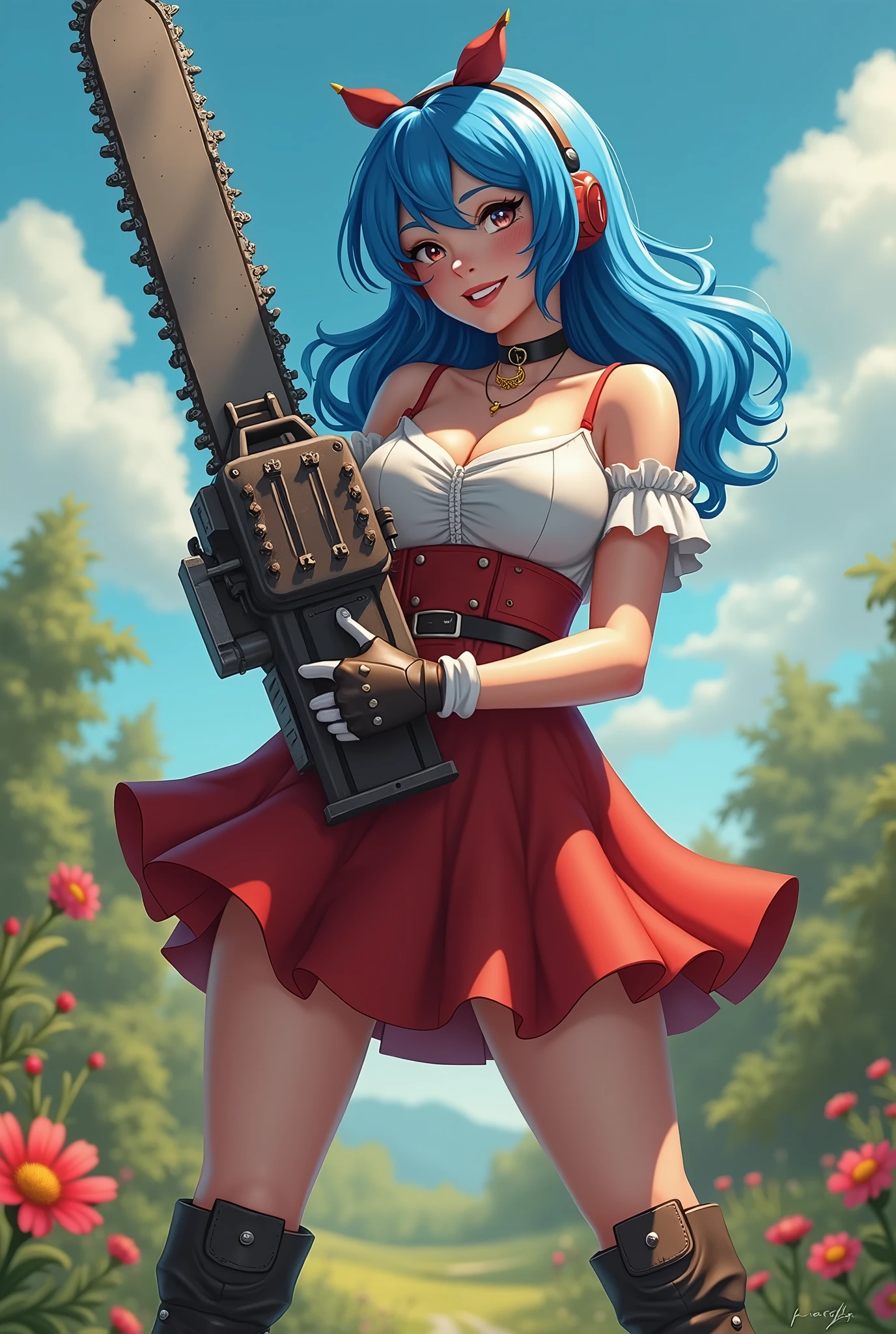 Beautiful blue haired woman girl holding a chainsaw in her hands, chainsaw with large teeth, full cup wearing over duct showing red and white schoolgirl outfit soldier boot glove big smile voluminous breasts simple neckline slender body countryside landscape with flowers high resolution 4k showing boots
