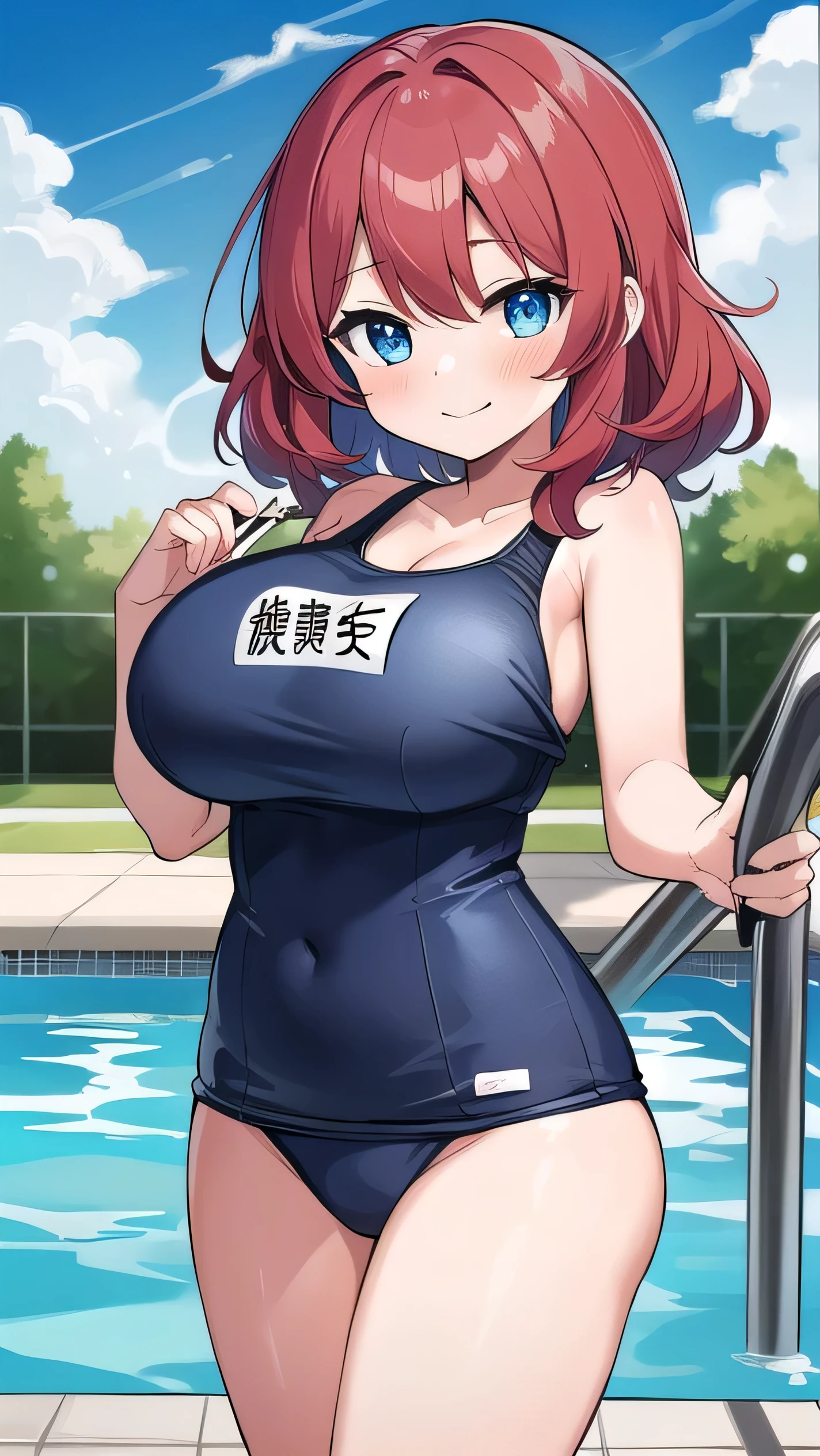 Big breasts, red hair, blue eyes, droopy eyes, naked, elementary school student, (super big breasts:1.1), (medium hair: 1), elementary school student, young face, short height, , shy Agari, slightly smiling, pool, straiht hair , (school swimsuit: 1),
