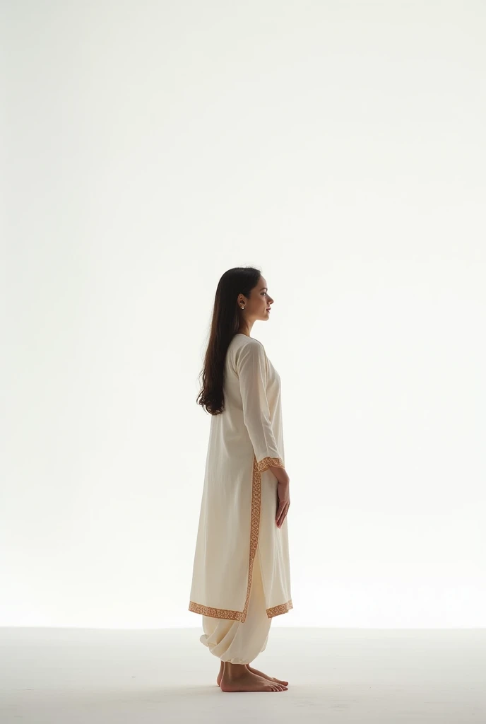 A girl wear kurta and stand far away from camera and he background is white