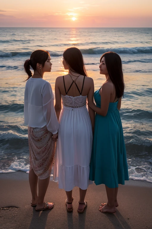 thesea,wave,1girl is walking_on the beach,ear_ring,necklace,looking_at_viewer,dress,realistic,sunset,cloudy_sky,