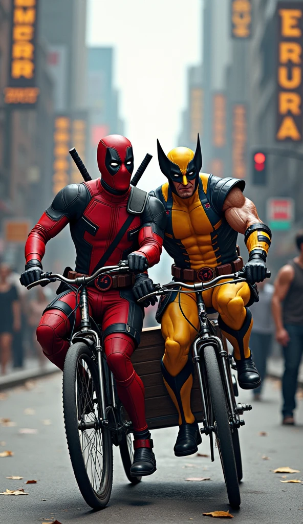 Deadpool pedals the rickshaw with playful enthusiasm, while Wolverine, the X-Man, sits up front, his expression a mix of calm and subtle annoyance. The scene is both absurd and touching—Deadpool’s endless jokes contrasting with Wolverine’s stoic presence. As they ride through the streets, there’s an unspoken connection between the two, a blend of chaos and camaraderie that highlights their unlikely but strong bond. Beneath the humor and the grit, it’s a moment that captures the essence of their friendship in the most unexpected way.