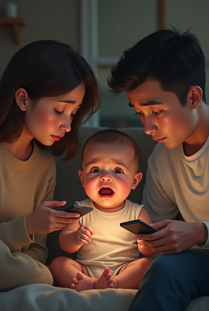 Generate a picture that a baby crying infront of the mother and father both are using the phone without consider the baby