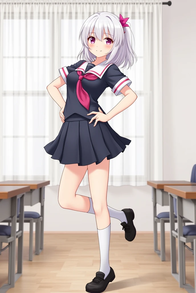 • Character Appearance: White-haired female character、Pink ribbon in her hair。The expression is a little mischievous.、Confident。
•clothing: Wearing uniform-like clothing、Design with accents such as ties and ribbons。She is wearing white knee-high socks and simple black shoes.。
• Pause: The character has one leg raised high、One hand is placed on the face。The viewpoint is from a slightly lower angle looking up at the character.、The soles of the raised feet are shown prominently.。
• Background and Environment: Indoors、In the background there is a white curtain and a wooden floor、A simple desk and chair are visible.。