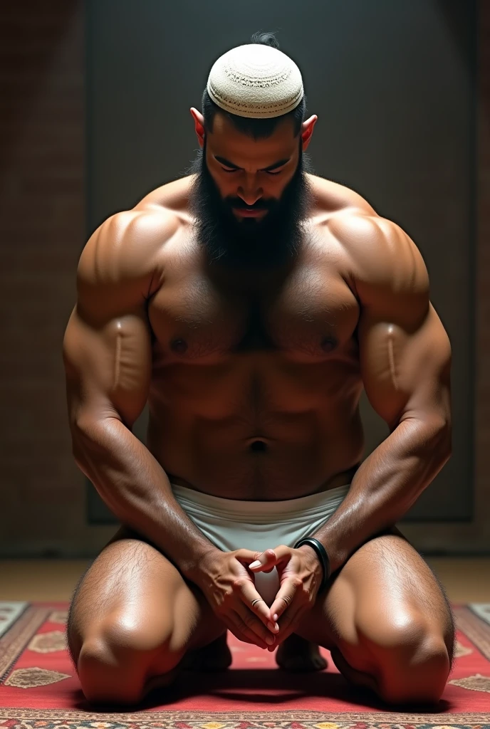 Strong, hairy, bearded Brazilian mixed race man in white underwear, Islamic cap on the head, praying on their knees on a rug.