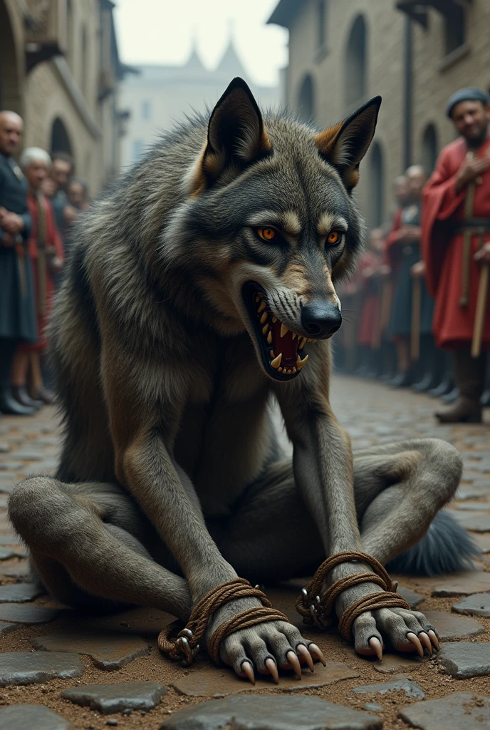 A werewolf is tied up in medieval shackles and is being tickled. People in the square are tickling the werewolf's soles with feathers. His ankles are locked in shackles, and he is sitting on the floor with his soles facing people. The ropes of the shackles pass through the werewolf's four toes and separate them, and are pulled back so that he cannot move. People are tickling him and making him laugh. The picture is facing the werewolf's soles. Tickling.