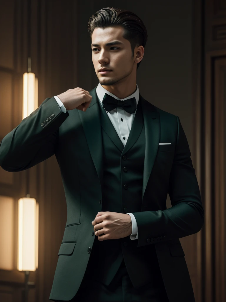 ((masterpiece)), ((best quality:1.2)), high resolution, 8k, (ultra_realistic:1.3), (photorealistic:1.4), (absurdres), sharp focus, highly detailed, (high quality), (masterpiece), handsome man, 25 year-old. Korean, 2,
 normosthenic, black suit, green eyes, muscular, full body, dark light, front light, rim light. Mafia boss aesthetic. Rich billionaire boyfriend.