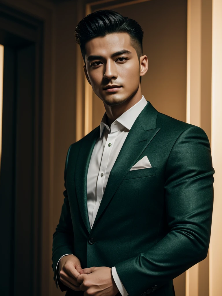 ((masterpiece)), ((best quality:1.2)), high resolution, 8k, (ultra_realistic:1.3), (photorealistic:1.4), (absurdres), sharp focus, highly detailed, (high quality), (masterpiece), handsome man, 25 year-old. Korean, 2,
normosthenic, black suit, green eyes, muscular, full body, dark light, front light, rim light. Mafia boss aesthetic. Rich billionaire boyfriend.