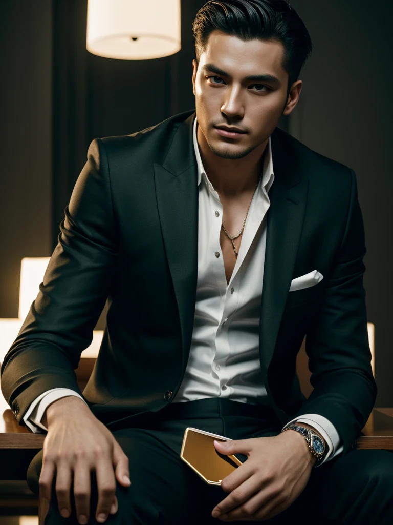 ((masterpiece)), ((best quality:1.2)), high resolution, 8k, (ultra_realistic:1.3), (photorealistic:1.4), (absurdres), sharp focus, highly detailed, (high quality), (masterpiece), handsome man, 25 year-old. Korean, 2,
normosthenic, black suit, green eyes, muscular, full body, dark light, front light, rim light. Mafia boss aesthetic. Rich billionaire boyfriend.
