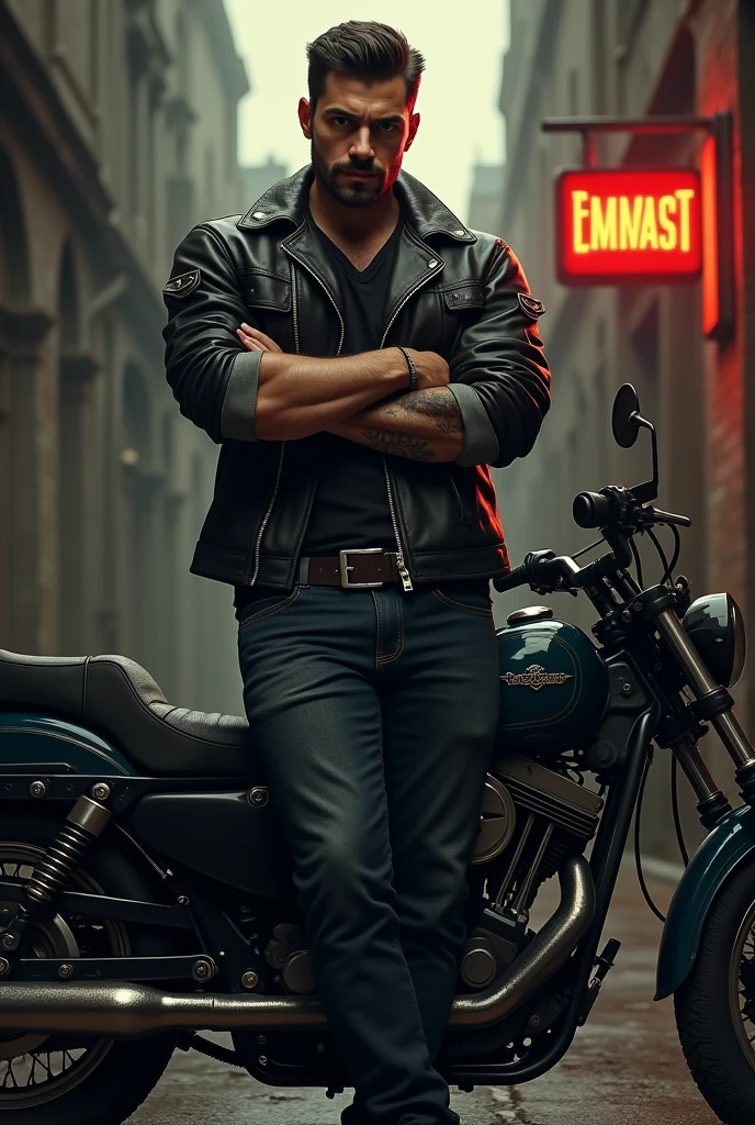 A clean handsome man, a biker, gives the vibe of a bad boy