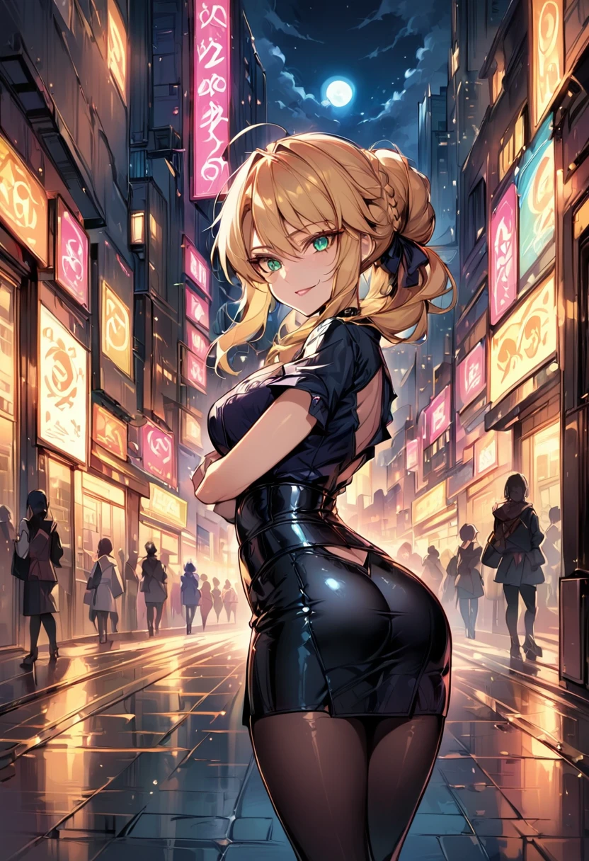 score_9, score_8_up, score_7_up, score_6_up, rating_safe, source_anime, BREAK beautiful Artoria Pendragon (blonde, braid, ribbon, hair ribbon:1.2), sexy smirk, BREAK tight leather skirt, wrap blouse, high heels, choker, BREAK walking in downtown Tokyo, neon lights, Extremely detailed Artgerm, Artgerm on ArtStation Pixiv, BREAK Epic light novel art cover, gorgeous female, trending on artstation pixiv, BREAK midnight, full moon, shallow depth of field, BREAK highly detailed, bokeh, moody, epic, gorgeous, grainy, BREAK (ultra-detailed), (best illustration), (best shadow), (absurdres), (detailed background), (very aesthetic), (rear view:1.3).