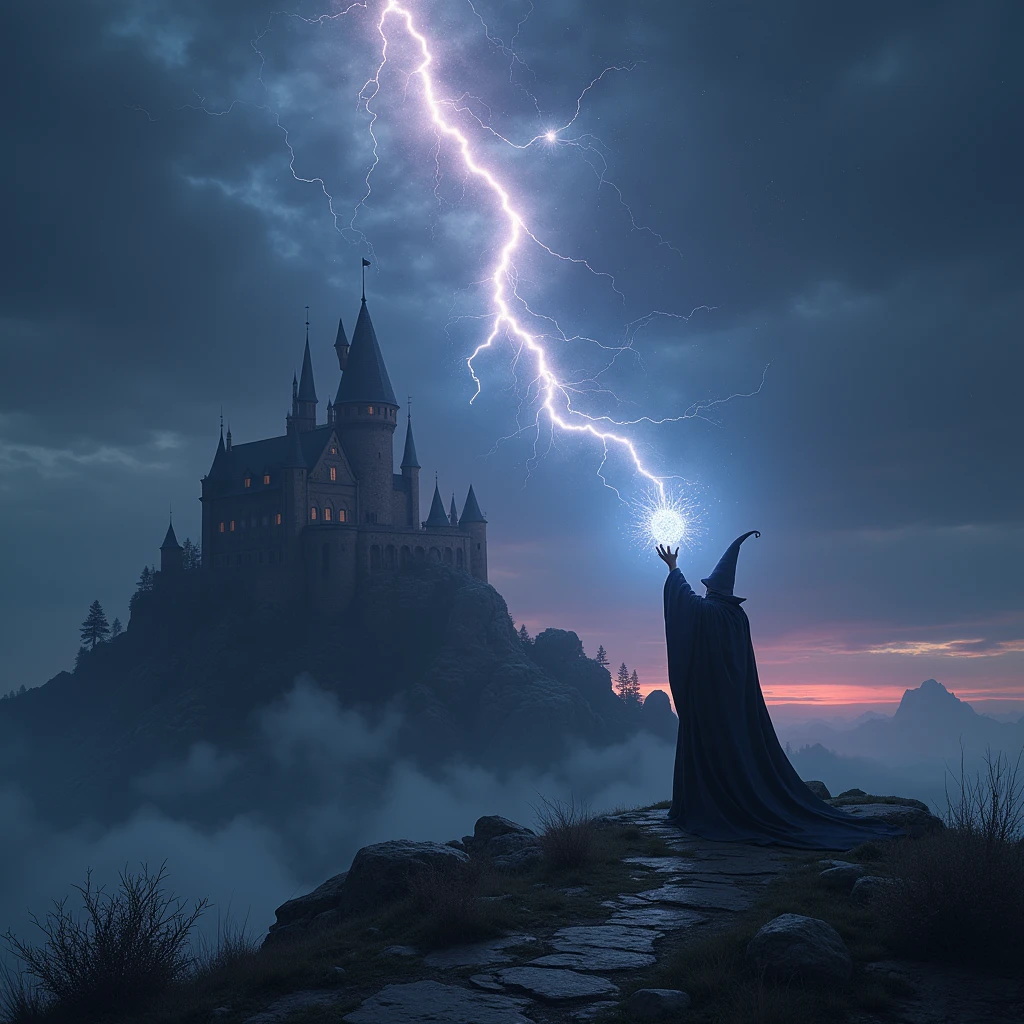meteor strike to the castle, a wizard raise his hand on the hill,