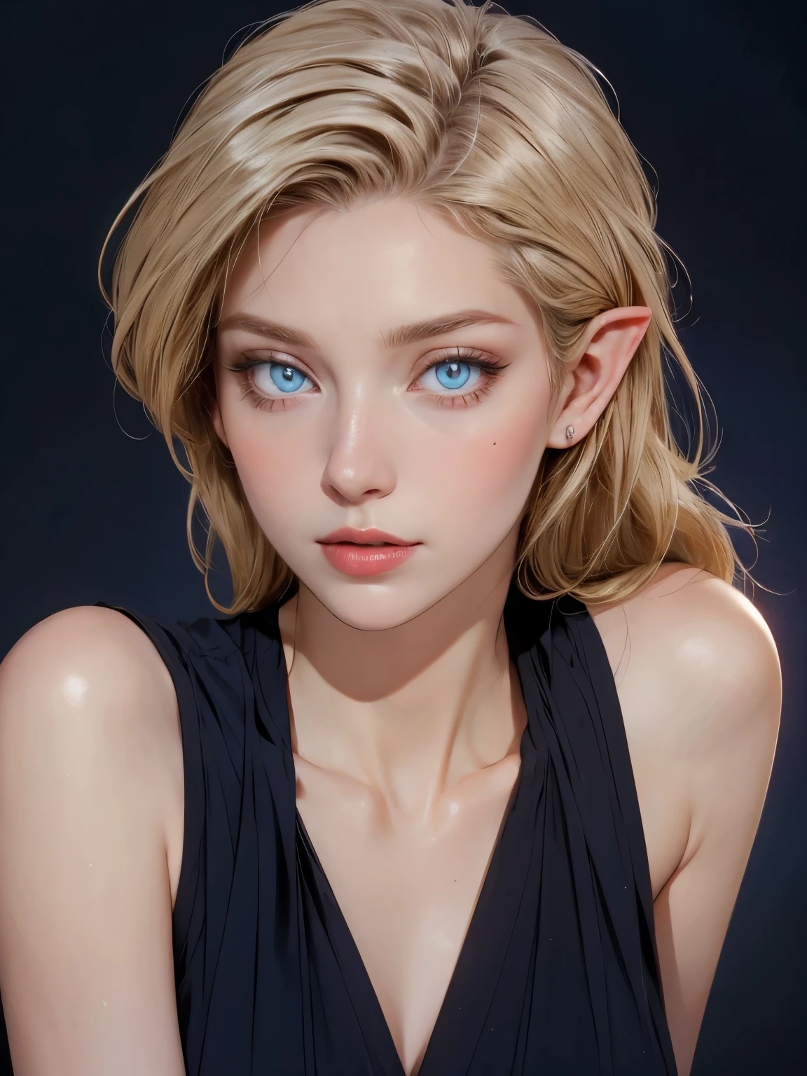 beautiful blond elven woman in her 30s, with blue eyes and striking features, exuding maturity and allure in a seductive pose.(dark-blue background), pointy ears, glowing eyes, beauty, blond medium hair, an14
