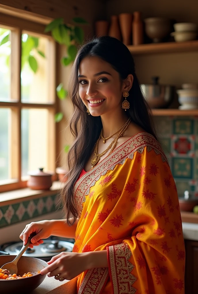 beautiful indian girl,saree,(Best quality, 8k, 32k, perfect body, ultra detailed body)cooking, smilling,kitchen background