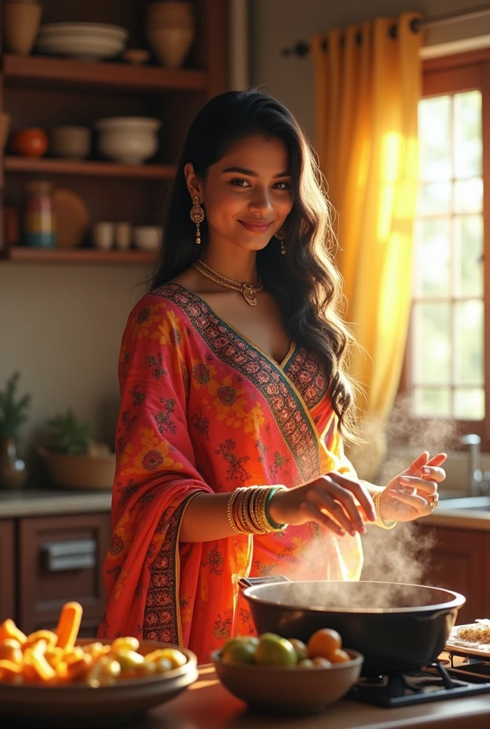 beautiful indian girl,saree,(Best quality, 8k, 32k, perfect body, ultra detailed body)cooking, smilling,kitchen background