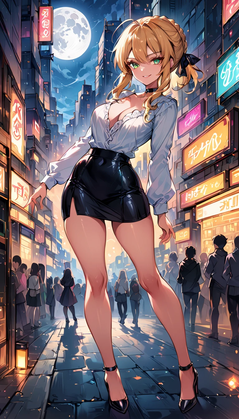 score_9, score_8_up, score_7_up, score_6_up, rating_safe, source_anime, BREAK beautiful Artoria Pendragon (blonde, braid, ribbon, hair ribbon:1.2), sexy smirk, BREAK tight leather skirt, wrap blouse, high heels, choker, BREAK walking in downtown Tokyo, neon lights, Extremely detailed Artgerm, Artgerm on ArtStation Pixiv, BREAK Epic light novel art cover, gorgeous female, trending on artstation pixiv, BREAK midnight, full moon, shallow depth of field, BREAK highly detailed, bokeh, moody, epic, gorgeous, grainy, BREAK (ultra-detailed), (best illustration), (best shadow), (absurdres), (detailed background), (very aesthetic), (rear view:1.3).