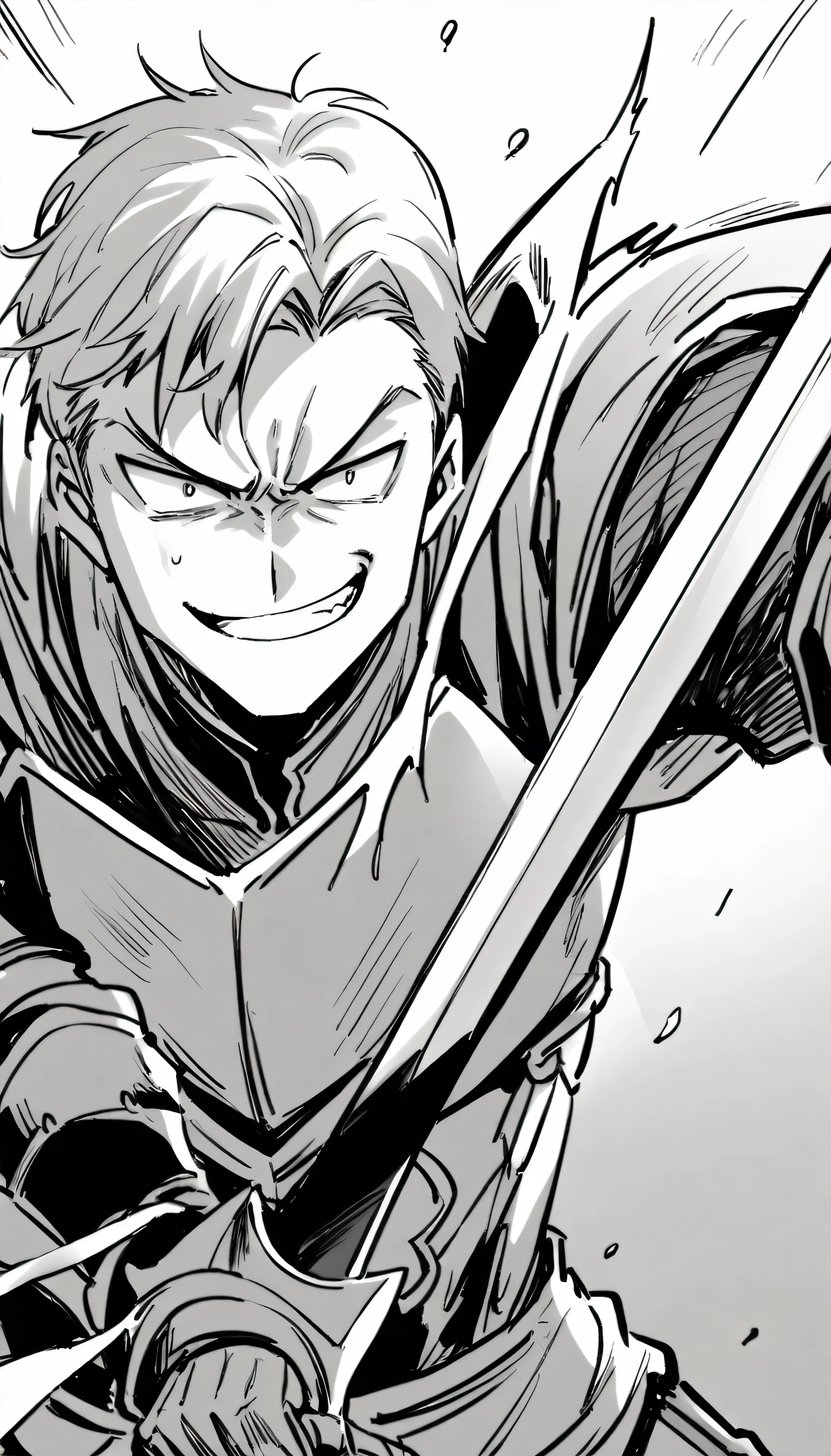 A man in armour with mocking smile swing his sword at left side, black and white manga image.